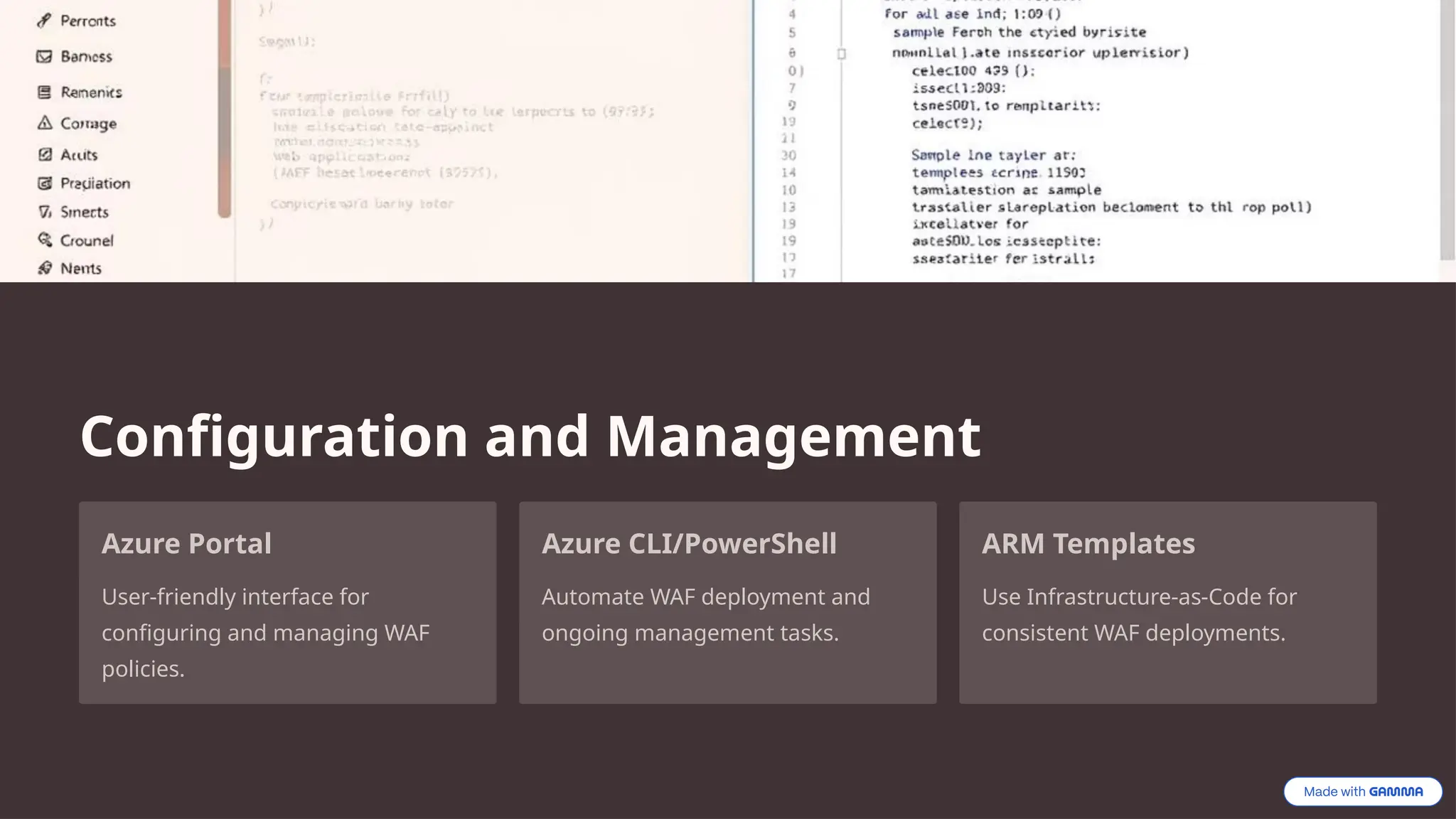 Configuration and Management
Azure Portal
User-friendly interface for
configuring and managing WAF
policies.
Azure CLI/PowerShell
Automate WAF deployment and
ongoing management tasks.
ARM Templates
Use Infrastructure-as-Code for
consistent WAF deployments.
 