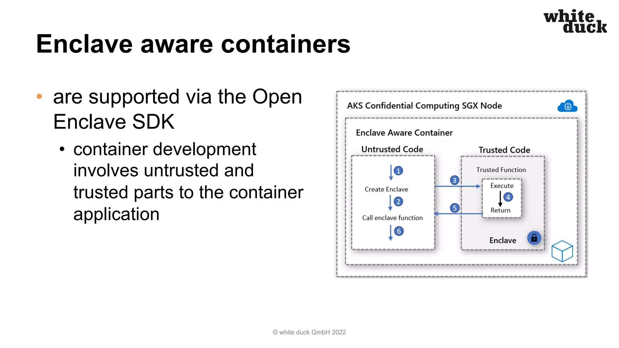 Enclave aware containers
• are supported via the Open
Enclave SDK
• container development
involves untrusted and
trusted parts to the container
application
© white duck GmbH 2022
 