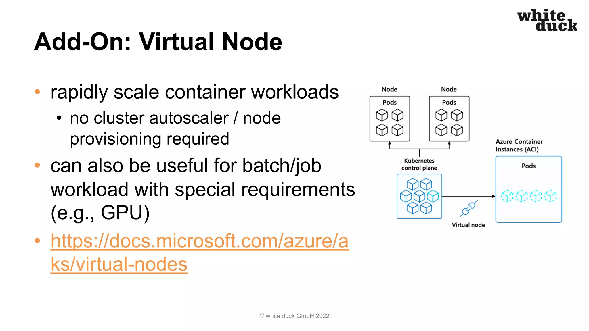 Add-On: Virtual Node
• rapidly scale container workloads
• no cluster autoscaler / node
provisioning required
• can also be useful for batch/job
workload with special requirements
(e.g., GPU)
• https://docs.microsoft.com/azure/a
ks/virtual-nodes
© white duck GmbH 2022
 
