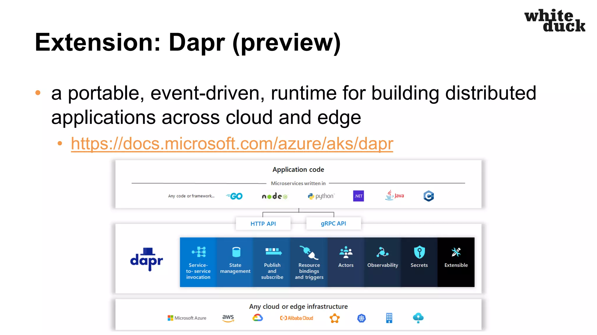 Extension: Dapr (preview)
• a portable, event-driven, runtime for building distributed
applications across cloud and edge
• https://docs.microsoft.com/azure/aks/dapr
© white duck GmbH 2022
 