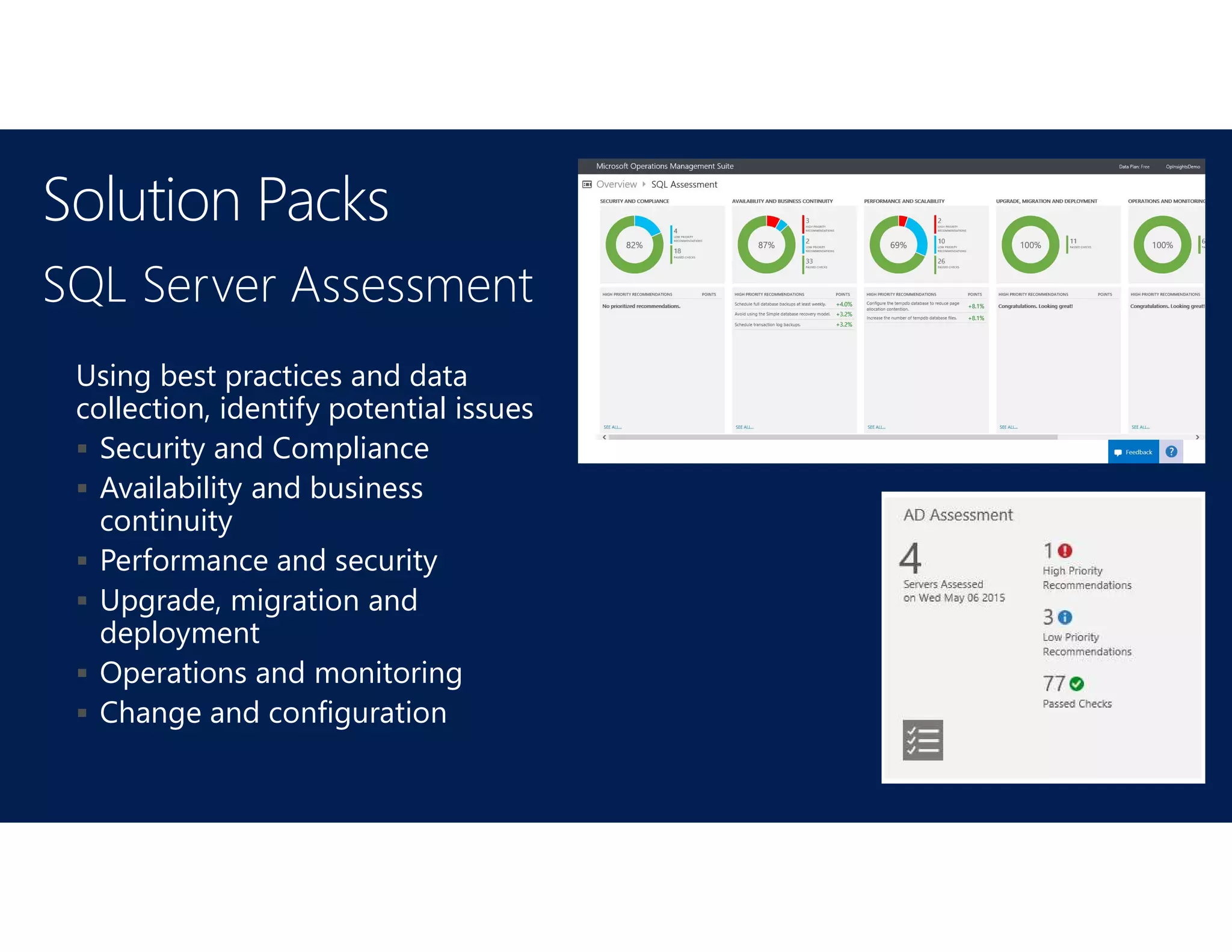 SQL Server Assessment
Using best practices and data
collection, identify potential issues
 Security and Compliance
 Availability and business
continuity
 Performance and security
 Upgrade, migration and
deployment
 Operations and monitoring
 Change and configuration
Solution Packs
 