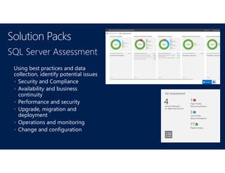 SQL Server Assessment
Using best practices and data
collection, identify potential issues
 Security and Compliance
 Availability and business
continuity
 Performance and security
 Upgrade, migration and
deployment
 Operations and monitoring
 Change and configuration
Solution Packs
 