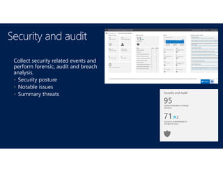 Collect security related events and
perform forensic, audit and breach
analysis.
 Security posture
 Notable issues
 Summary threats
Security and audit
 