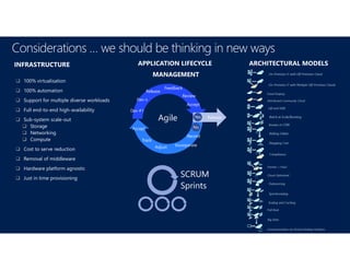 Considerations … we should be thinking in new ways
ReleaseAgile
Record
Adjust
Accept
Dev #1
Dev n
Release
Accept
Feedback
Review
Track
Incorporate
Yes
No
SCRUM
Sprints
APPLICATION LIFECYCLE
MANAGEMENT
INFRASTRUCTURE
 100% virtualisation
 100% automation
 Support for multiple diverse workloads
 Full end-to-end high-availability
 Sub-system scale-out
 Storage
 Networking
 Compute
 Cost to serve reduction
 Removal of middleware
 Hardware platform agnostic
 Just in time provisioning
ARCHITECTURAL MODELS
 