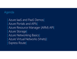 Agenda
[ Azure IaaS and PaaS Demos]
[ Azure Portals and API’s]
[ Azure Resource Manager (ARM) API]
[ Azure Storage]
[ Azure Networking Basics]
[ Azure Virtual Networks (Vnets)]
[ Express Route]
 