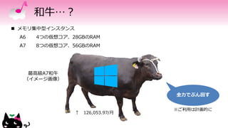 和牛…？
最高級A7和牛
（イメージ画像）
全力でぶん回す
※ご利用は計画的に
↑ 126,053.97/月
 メモリ集中型インスタンス
A6 4つの仮想コア、28GBのRAM
A7 8つの仮想コア、56GBのRAM
 