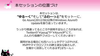 本セッションの位置づけ
本セッションは、
”ゆるーく”そして“ふわーっと”をモットーに、
Go Azure(2012/06)以降のWindows Azureの
Updateを振り返っていきます。
うっかり間違ってるところや説明不足なところがあれば、
Twitterの”#jazug”や”#AzureJP”にて、
ふんわり指摘やフォローしてくださいませ！
質問がある場合にも同ハッシュタグでつぶやけば、
MVPやマイクロソフトの紳士淑女な皆さんが、
生暖かく回答してくれるはず(ばちーん☆
 