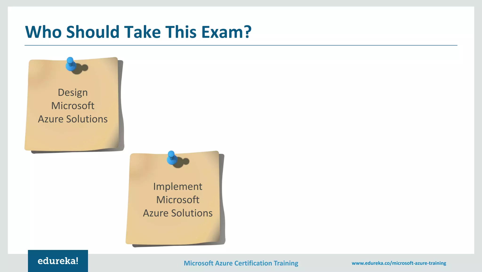 Microsoft Azure Certification Training www.edureka.co/microsoft-azure-training
Who Should Take This Exam?
Design
Microsoft
Azure Solutions
Implement
Microsoft
Azure Solutions
 