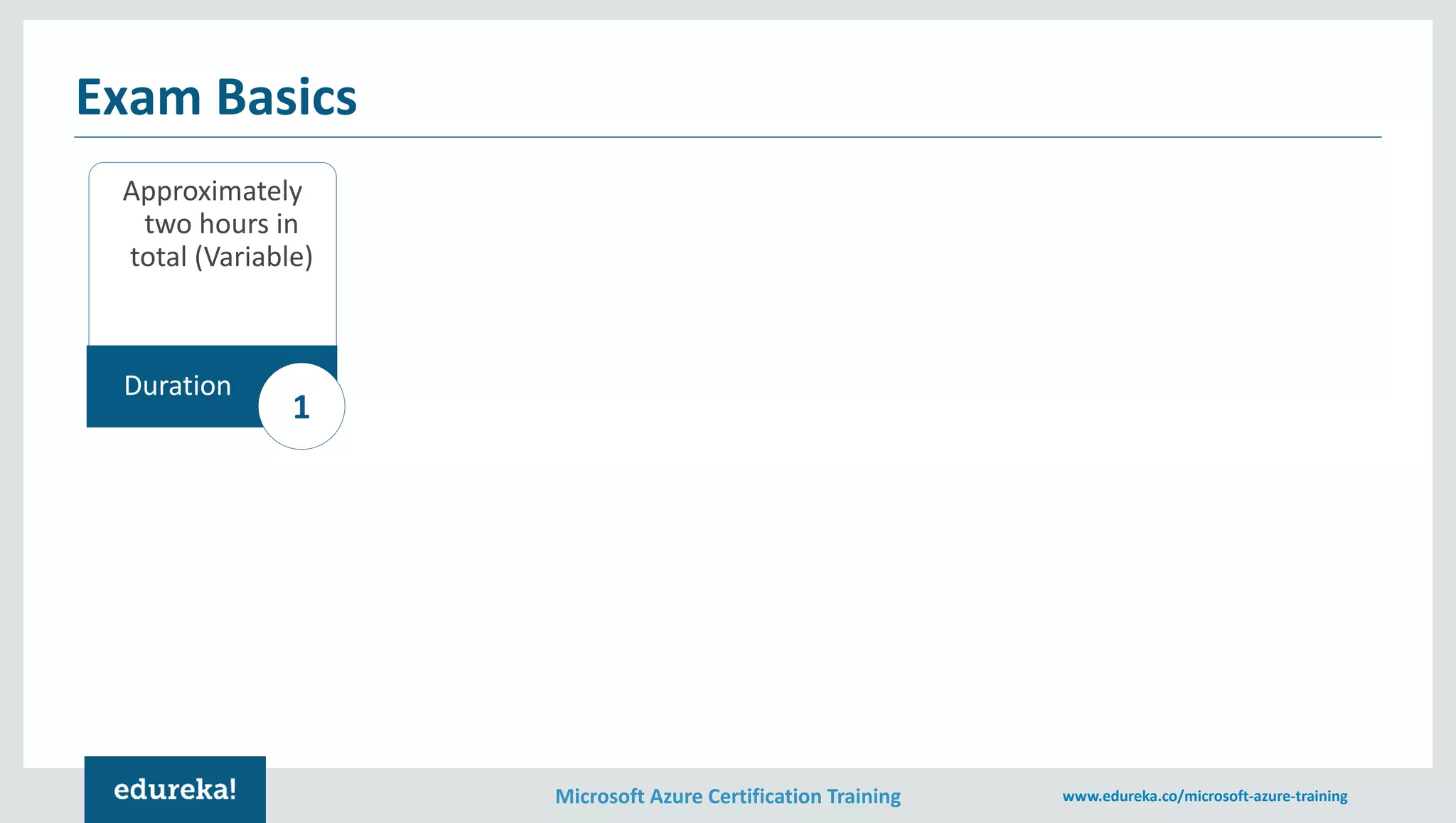 Microsoft Azure Certification Training www.edureka.co/microsoft-azure-training
Exam Basics
Approximately
two hours in
total (Variable)
Duration
1
 