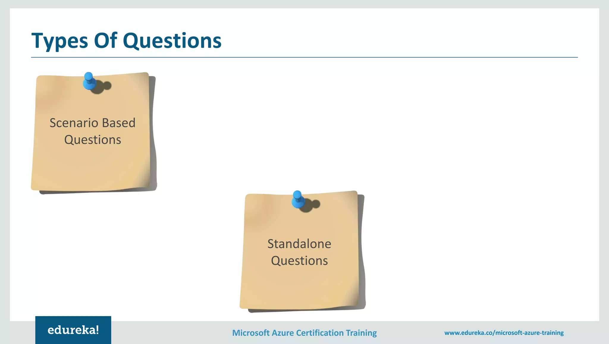 Microsoft Azure Certification Training www.edureka.co/microsoft-azure-training
Types Of Questions
Scenario Based
Questions
Standalone
Questions
 