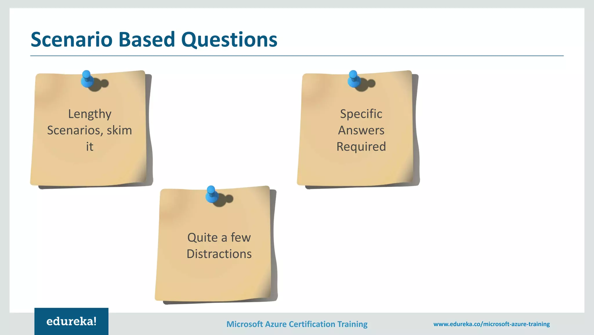 Microsoft Azure Certification Training www.edureka.co/microsoft-azure-training
Scenario Based Questions
Lengthy
Scenarios, skim
it
Quite a few
Distractions
Specific
Answers
Required
 