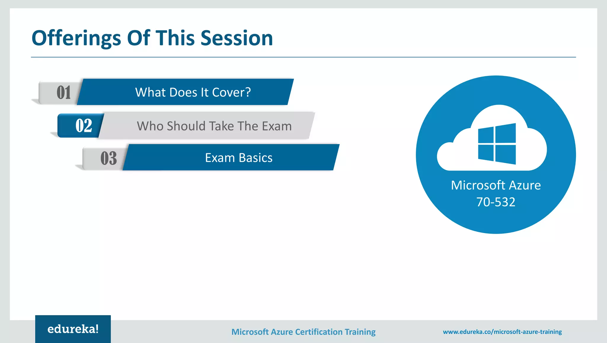Microsoft Azure Certification Training www.edureka.co/microsoft-azure-training
Offerings Of This Session
01 What Does It Cover?
02 Who Should Take The Exam
03 Exam Basics
Microsoft Azure
70-532
 