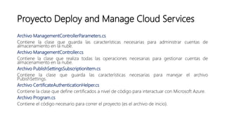 Proyecto Deploy and Manage Cloud Services
Archivo ManagementControllerParameters.cs
Contiene la clase que guarda las características necesarias para administrar cuentas de
almacenamiento en la nube.
Archivo ManagementController.cs
Contiene la clase que realiza todas las operaciones necesarias para gestionar cuentas de
almacenamiento en la nube.
Archivo PublishSettingsSubscriptionItem.cs
Contiene la clase que guarda las características necesarias para manejar el archivo
PubishSettings.
Archivo CertificateAuthenticationHelper.cs
Contiene la clase que define certificados a nivel de código para interactuar con Microsoft Azure.
Archivo Program.cs
Contiene el código necesario para correr el proyecto (es el archivo de inicio).
 