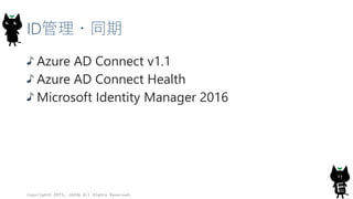 ID管理・同期
Azure AD Connect v1.1
Azure AD Connect Health
Microsoft Identity Manager 2016
Copyright© 2015, JAZUG All Rights Reserved.
11
 