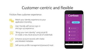 Friction-free customer experience
Customer-centric and flexible
Match your identity experience to your
application branding
User-friendly self-service sign-in
and sign-up experience
“Bring-your-own-identity” using social ID
or create a new, local account set of credentials
Enhance account records with media
and detailed metadata
Self-service profile management/password reset
Sign in with Google
Sign in with Facebook
Sign in with Twitter
Sign in with email
 