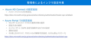 ߤˤ륤եOI
? Azure AD Connect O׷
? ѥ`ɥ饤ȥХåЄ
? Azure Portal ǤO׷
? ե`ӥѥ`ɥꥻåmÌxk
? J^xk
? ɥ`` SSPR OƤ뤫ɤO
? ֪ͨO
?  (ޥȥåɷOֹѥ`)
https://docs.microsoft.com/ja-jp/azure/active-directory/authentication/quickstart-sspr
https://docs.microsoft.com/ja-jp/azure/active-directory/authentication/howto-sspr-writeback
 