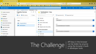 The Challenge
API keys in the browser
can be stolen by anyone
using the browser’s built-
in developer tools
 