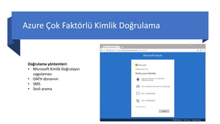 Azure Çok Faktörlü Kimlik Doğrulama
Doğrulama yöntemleri:
• Microsoft Kimlik Doğrulayıcı
uygulaması
• OATH donanım
• SMS
• Sesli arama
 