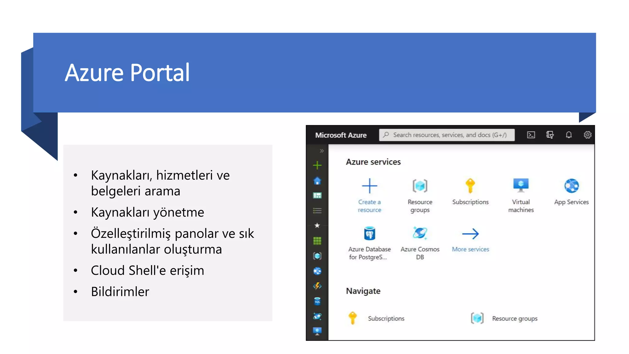Azure Portal
• Kaynakları, hizmetleri ve
belgeleri arama
• Kaynakları yönetme
• Özelleştirilmiş panolar ve sık
kullanılanlar oluşturma
• Cloud Shell'e erişim
• Bildirimler
 