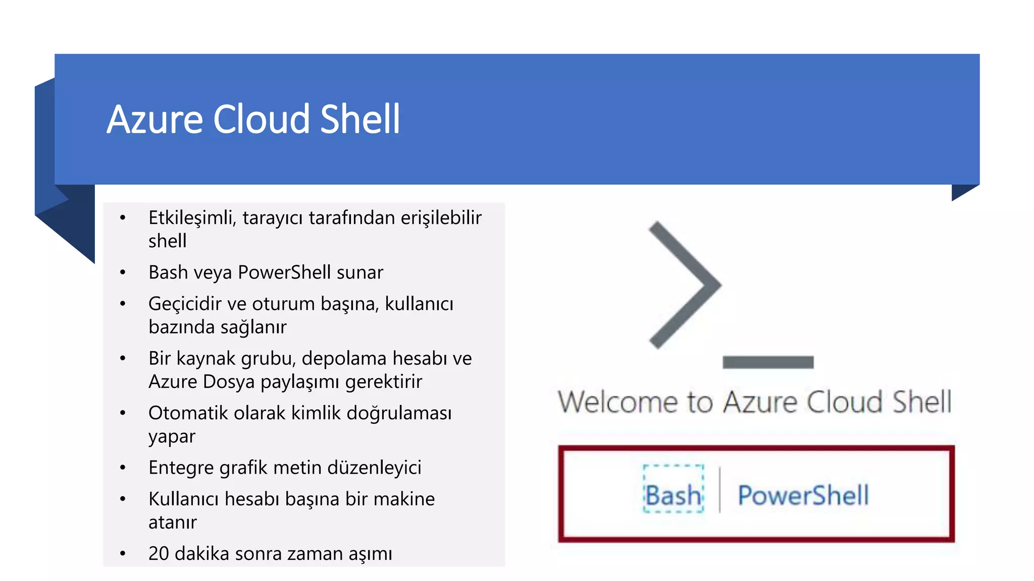 Azure Cloud Shell
• Etkileşimli, tarayıcı tarafından erişilebilir
shell
• Bash veya PowerShell sunar
• Geçicidir ve oturum başına, kullanıcı
bazında sağlanır
• Bir kaynak grubu, depolama hesabı ve
Azure Dosya paylaşımı gerektirir
• Otomatik olarak kimlik doğrulaması
yapar
• Entegre grafik metin düzenleyici
• Kullanıcı hesabı başına bir makine
atanır
• 20 dakika sonra zaman aşımı
 