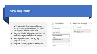 VPN Bağlantısı
• VPN ağ geçitleriniz oluşturulduktan ve
şirket içi cihaz yapılandırıldıktan sonra
bir bağlantı nesnesi oluşturun
• Bağlantı için bir ad yapılandırın ve türü
Siteden siteye (IPsec) olarak belirtin
• VPN ağ geçidini ve Yerel Ağ Ağ
Geçidini seçin
• Bağlantı için Paylaşılan anahtarı girin
 