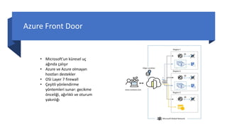 Azure Front Door
• Microsoft'un küresel uç
ağında çalışır
• Azure ve Azure olmayan
hostları destekler
• OSI Layer 7 firewall
• Çeşitli yönlendirme
yöntemleri sunar: gecikme
önceliği, ağırlıklı ve oturum
yakınlığı
 