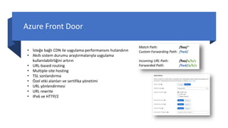 Azure Front Door
• İsteğe bağlı CDN ile uygulama performansını hızlandırın
• Akıllı sistem durumu araştırmalarıyla uygulama
kullanılabilirliğini artırın
• URL-based routing
• Multiple-site hosting
• TSL sonlandırma
• Özel etki alanları ve sertifika yönetimi
• URL yönlendirmesi
• URL rewrite
• IPv6 ve HTTP/2
 