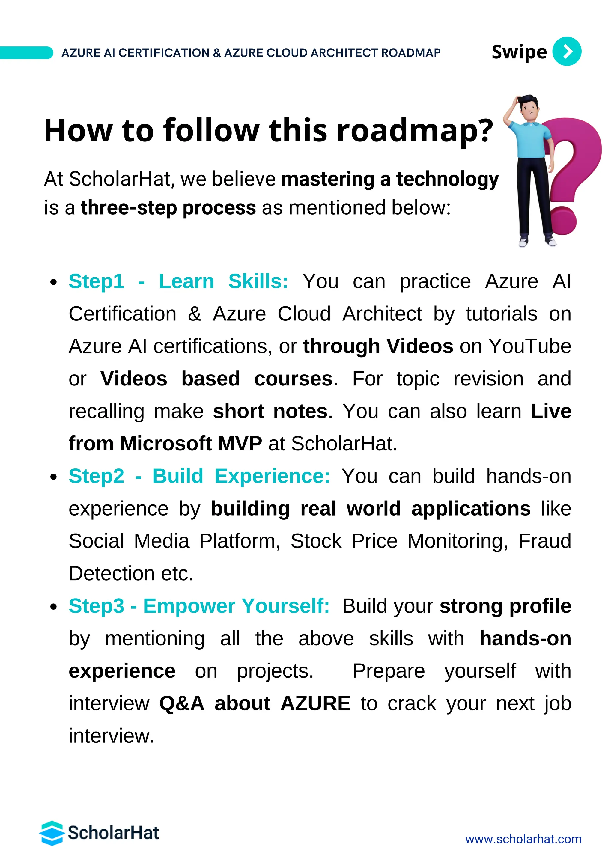 Swipe
Step1 - Learn Skills: You can practice Azure AI
Certification & Azure Cloud Architect by tutorials on
Azure AI certifications, or through Videos on YouTube
or Videos based courses. For topic revision and
recalling make short notes. You can also learn Live
from Microsoft MVP at ScholarHat.
Step2 - Build Experience: You can build hands-on
experience by building real world applications like
Social Media Platform, Stock Price Monitoring, Fraud
Detection etc.
Step3 - Empower Yourself: Build your strong profile
by mentioning all the above skills with hands-on
experience on projects. Prepare yourself with
interview Q&A about AZURE to crack your next job
interview.
www.scholarhat.com
How to follow this roadmap?
At ScholarHat, we believe mastering a technology
is a three-step process as mentioned below:
AZURE AI CERTIFICATION & AZURE CLOUD ARCHITECT ROADMAP
 
