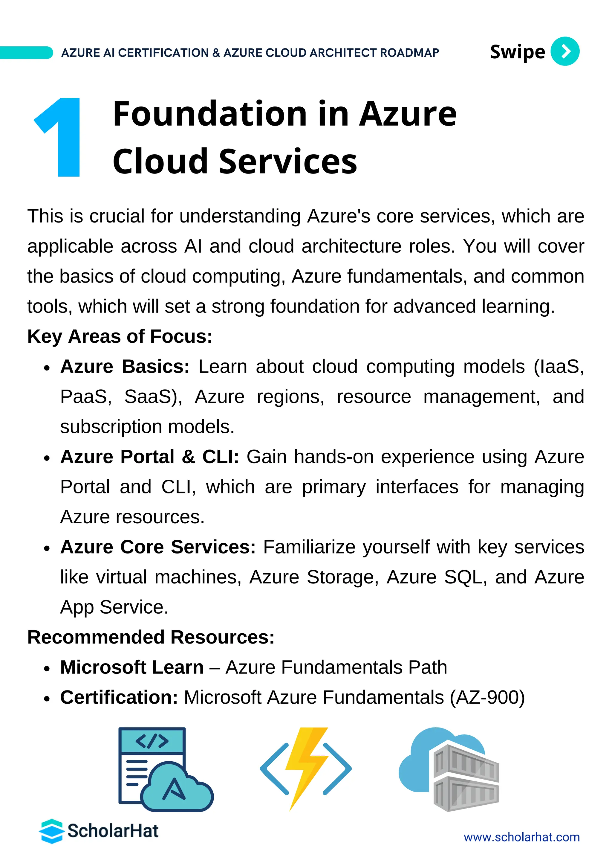 Swipe
This is crucial for understanding Azure's core services, which are
applicable across AI and cloud architecture roles. You will cover
the basics of cloud computing, Azure fundamentals, and common
tools, which will set a strong foundation for advanced learning.
Key Areas of Focus:
Azure Basics: Learn about cloud computing models (IaaS,
PaaS, SaaS), Azure regions, resource management, and
subscription models.
Azure Portal & CLI: Gain hands-on experience using Azure
Portal and CLI, which are primary interfaces for managing
Azure resources.
Azure Core Services: Familiarize yourself with key services
like virtual machines, Azure Storage, Azure SQL, and Azure
App Service.
Recommended Resources:
Microsoft Learn – Azure Fundamentals Path
Certification: Microsoft Azure Fundamentals (AZ-900)
AZURE AI CERTIFICATION & AZURE CLOUD ARCHITECT ROADMAP
www.scholarhat.com
1 Foundation in Azure
Cloud Services
 