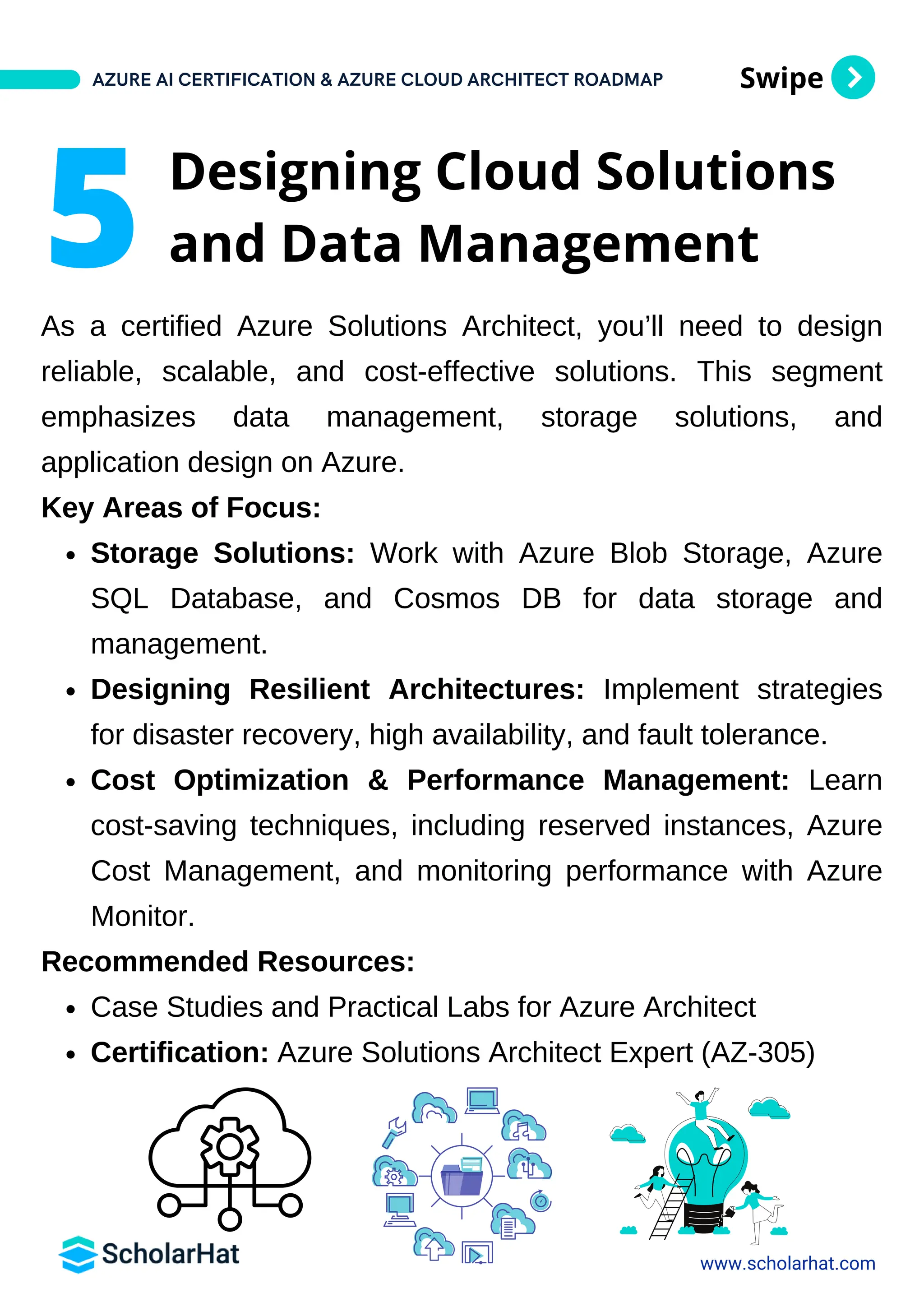 Swipe
As a certified Azure Solutions Architect, you’ll need to design
reliable, scalable, and cost-effective solutions. This segment
emphasizes data management, storage solutions, and
application design on Azure.
Key Areas of Focus:
Storage Solutions: Work with Azure Blob Storage, Azure
SQL Database, and Cosmos DB for data storage and
management.
Designing Resilient Architectures: Implement strategies
for disaster recovery, high availability, and fault tolerance.
Cost Optimization & Performance Management: Learn
cost-saving techniques, including reserved instances, Azure
Cost Management, and monitoring performance with Azure
Monitor.
Recommended Resources:
Case Studies and Practical Labs for Azure Architect
Certification: Azure Solutions Architect Expert (AZ-305)
AZURE AI CERTIFICATION & AZURE CLOUD ARCHITECT ROADMAP
www.scholarhat.com
5 Designing Cloud Solutions
and Data Management
 