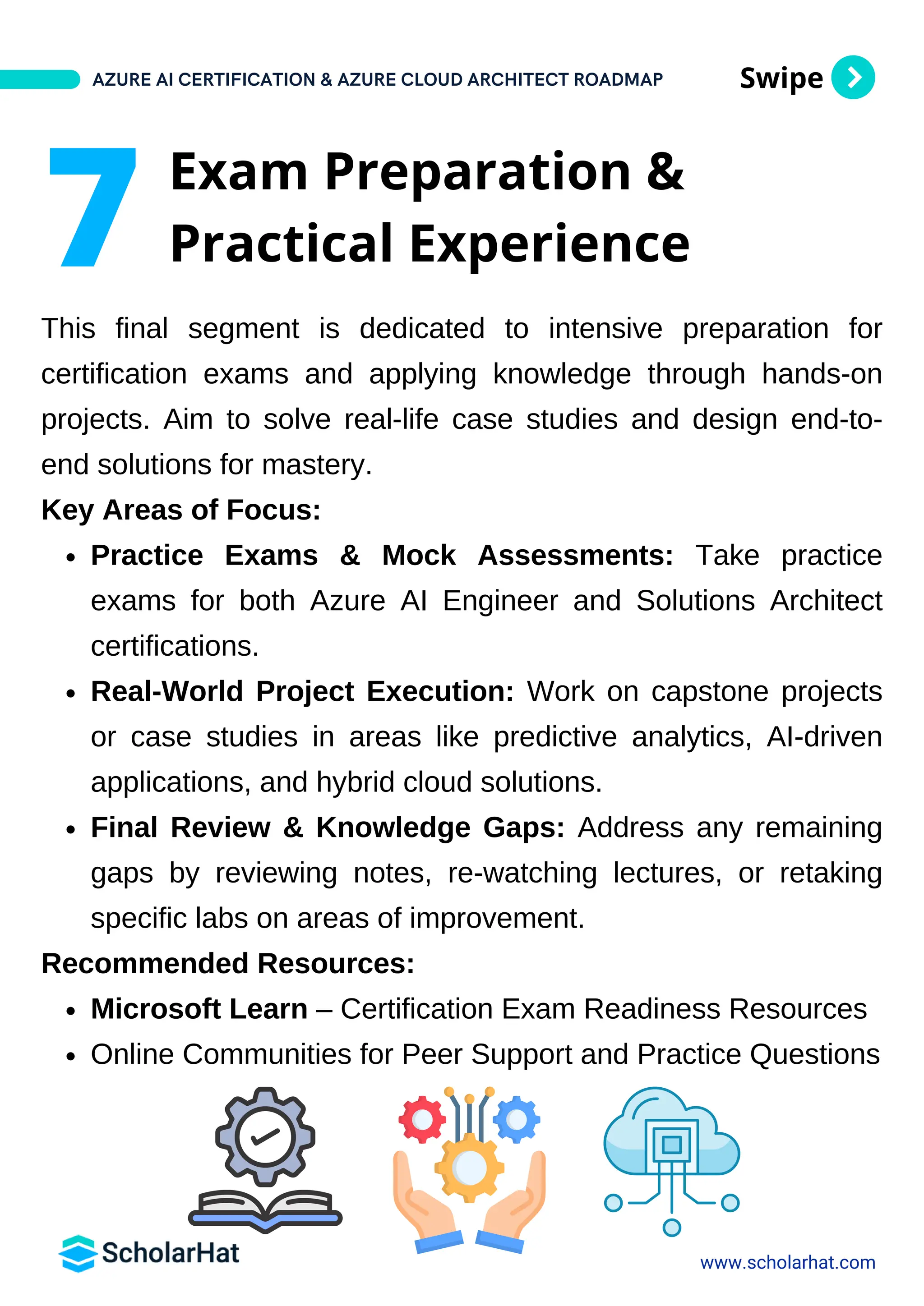 Swipe
This final segment is dedicated to intensive preparation for
certification exams and applying knowledge through hands-on
projects. Aim to solve real-life case studies and design end-to-
end solutions for mastery.
Key Areas of Focus:
Practice Exams & Mock Assessments: Take practice
exams for both Azure AI Engineer and Solutions Architect
certifications.
Real-World Project Execution: Work on capstone projects
or case studies in areas like predictive analytics, AI-driven
applications, and hybrid cloud solutions.
Final Review & Knowledge Gaps: Address any remaining
gaps by reviewing notes, re-watching lectures, or retaking
specific labs on areas of improvement.
Recommended Resources:
Microsoft Learn – Certification Exam Readiness Resources
Online Communities for Peer Support and Practice Questions
AZURE AI CERTIFICATION & AZURE CLOUD ARCHITECT ROADMAP
www.scholarhat.com
7 Exam Preparation &
Practical Experience
 
