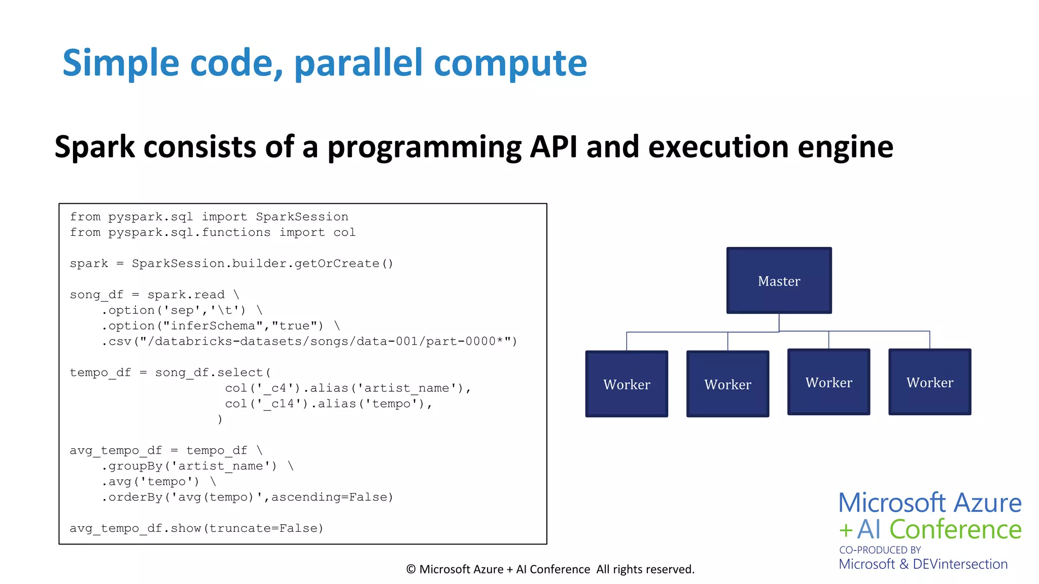 © Microsoft Azure + AI Conference All rights reserved.
Simple code, parallel compute
Spark consists of a programming API and execution engine
Worker Worker Worker Worker
Master
from pyspark.sql import SparkSession
from pyspark.sql.functions import col
spark = SparkSession.builder.getOrCreate()
song_df = spark.read 
.option('sep','t') 
.option("inferSchema","true") 
.csv("/databricks-datasets/songs/data-001/part-0000*")
tempo_df = song_df.select(
col('_c4').alias('artist_name'),
col('_c14').alias('tempo'),
)
avg_tempo_df = tempo_df 
.groupBy('artist_name') 
.avg('tempo') 
.orderBy('avg(tempo)',ascending=False)
avg_tempo_df.show(truncate=False)
 