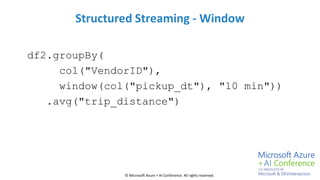 © Microsoft Azure + AI Conference All rights reserved.
Structured Streaming - Window
df2.groupBy(
col("VendorID"),
window(...