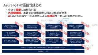 Azure IoT の優位性まとめ
Microsoft Azure
デバイス接続
サービス
データ
実時間分析
サービス
ML
ストレージ
ダッシュボード
サービス連携
データ・サービスを
第三者へ売る
PC・タブレット・スマホ
・小さく簡単に始められる
・大規模展開、本番での運用管理に向けた機能が充実
・AI など多彩なサービス連携による高度なサービスの実現が容易に
 