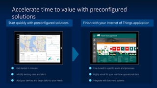 Accelerate time to value with preconfigured
solutions
Modify existing rules and alerts
Fine-tuned to specific assets and processes
Integrate with back-end systems
Highly visual for your real-time operational data
Get started in minutes
Add your devices and begin tailor to your needs
 