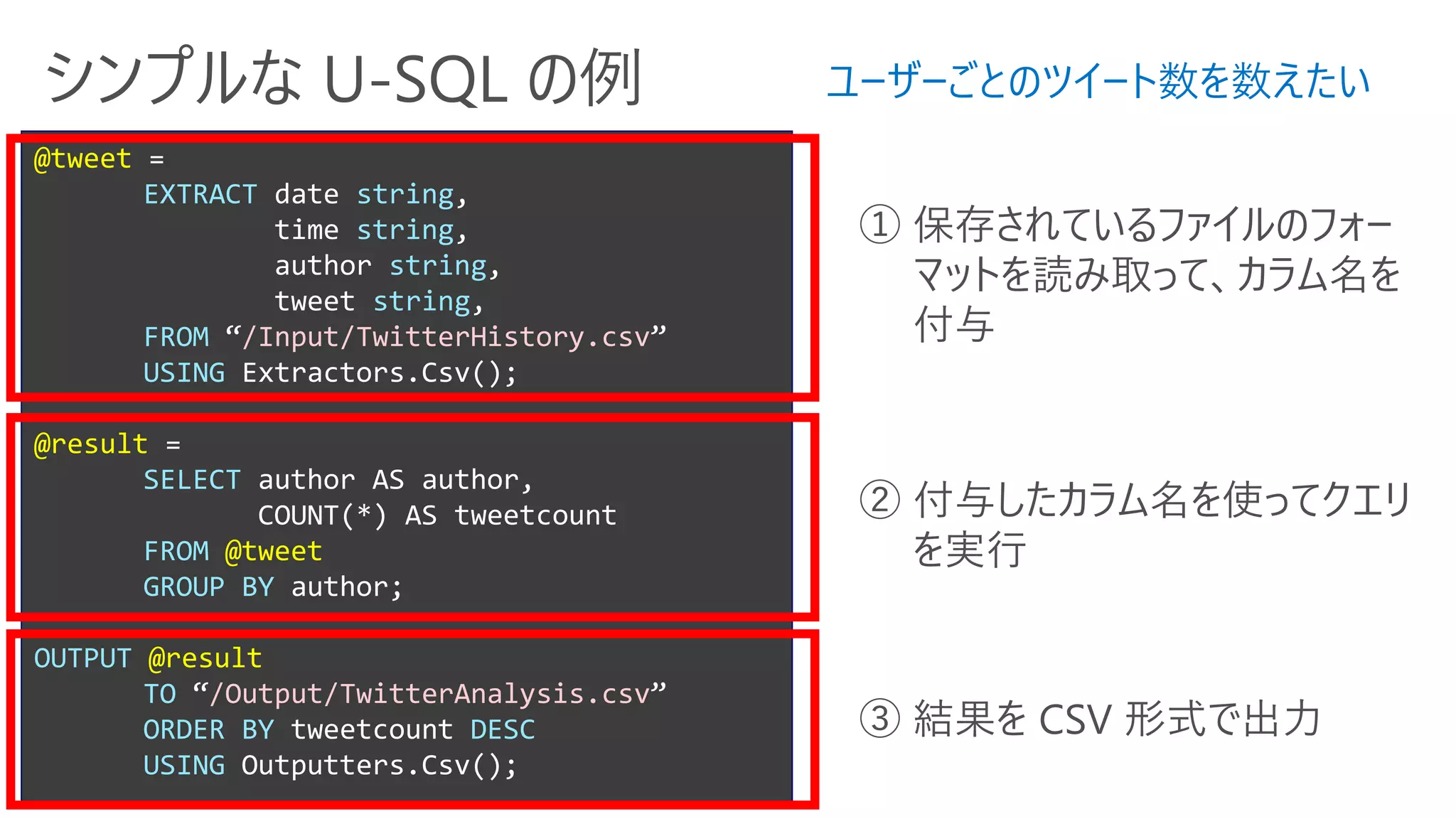 シンプルな U-SQL の例
@tweet =
EXTRACT date string,
time string,
author string,
tweet string,
FROM “/Input/TwitterHistory.csv”
USING Extractors.Csv();
@result =
SELECT author AS author,
COUNT(*) AS tweetcount
FROM @tweet
GROUP BY author;
OUTPUT @result
TO “/Output/TwitterAnalysis.csv”
ORDER BY tweetcount DESC
USING Outputters.Csv();
① 保存されているファイルのフォー
マットを読み取って、カラム名を
付与
② 付与したカラム名を使ってクエリ
を実行
③ 結果を CSV 形式で出力
ユーザーごとのツイート数を数えたい
 