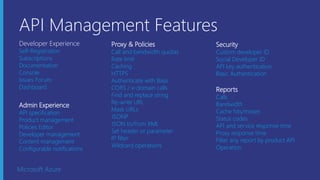 Microsoft Azure
Developer Experience
Self-Registration
Subscriptions
Documentation
Console
Issues Forum
Dashboard
Admin Experience
API specification
Product management
Policies Editor
Developer management
Content management
Configurable notifications
Security
Custom developer ID
Social Developer ID
API key authentication
Basic Authentication
Proxy & Policies
Call and bandwidth quotas
Rate limit
Caching
HTTPS
Authenticate with Basic
CORS / x-domain calls
Find and replace string
Re-write URL
Mask URLs
JSONP
JSON to/from XML
Set header or parameter
IP filter
Wildcard operations
Reports
Calls
Bandwidth
Cache hits/misses
Status codes
API and service response time
Proxy response time
Filter any report by product API
Operation
API Management Features
 