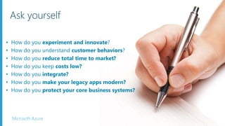 Microsoft Azure 3
• How do you experiment and innovate?
• How do you understand customer behaviors?
• How do you reduce total time to market?
• How do you keep costs low?
• How do you integrate?
• How do you make your legacy apps modern?
• How do you protect your core business systems?
Ask yourself
 