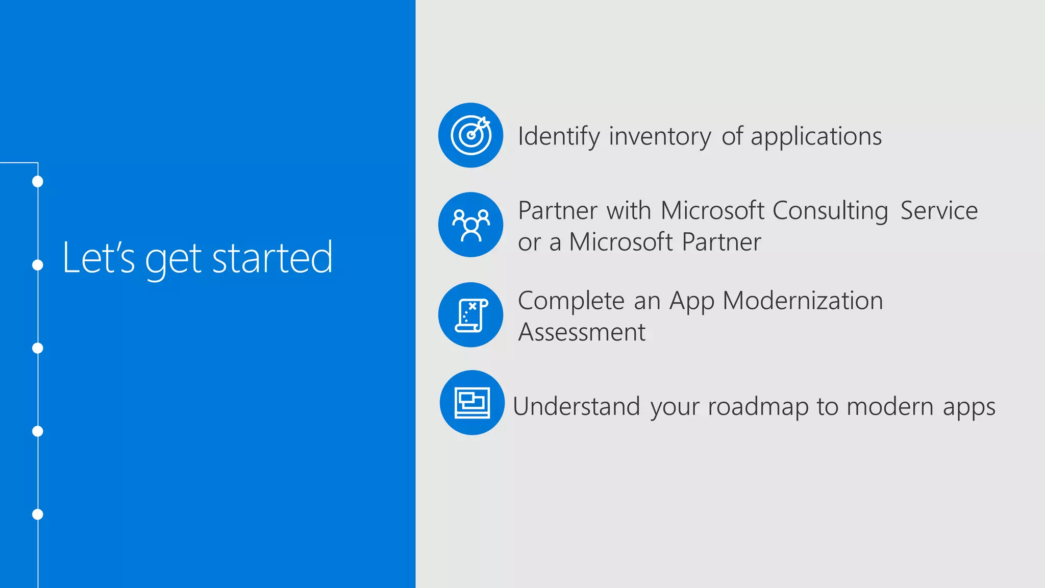 Let’s get started
Understand your roadmap to modern apps
Partner with Microsoft Consulting Service
or a Microsoft Partner
Identify inventory of applications
Complete an App Modernization
Assessment
 