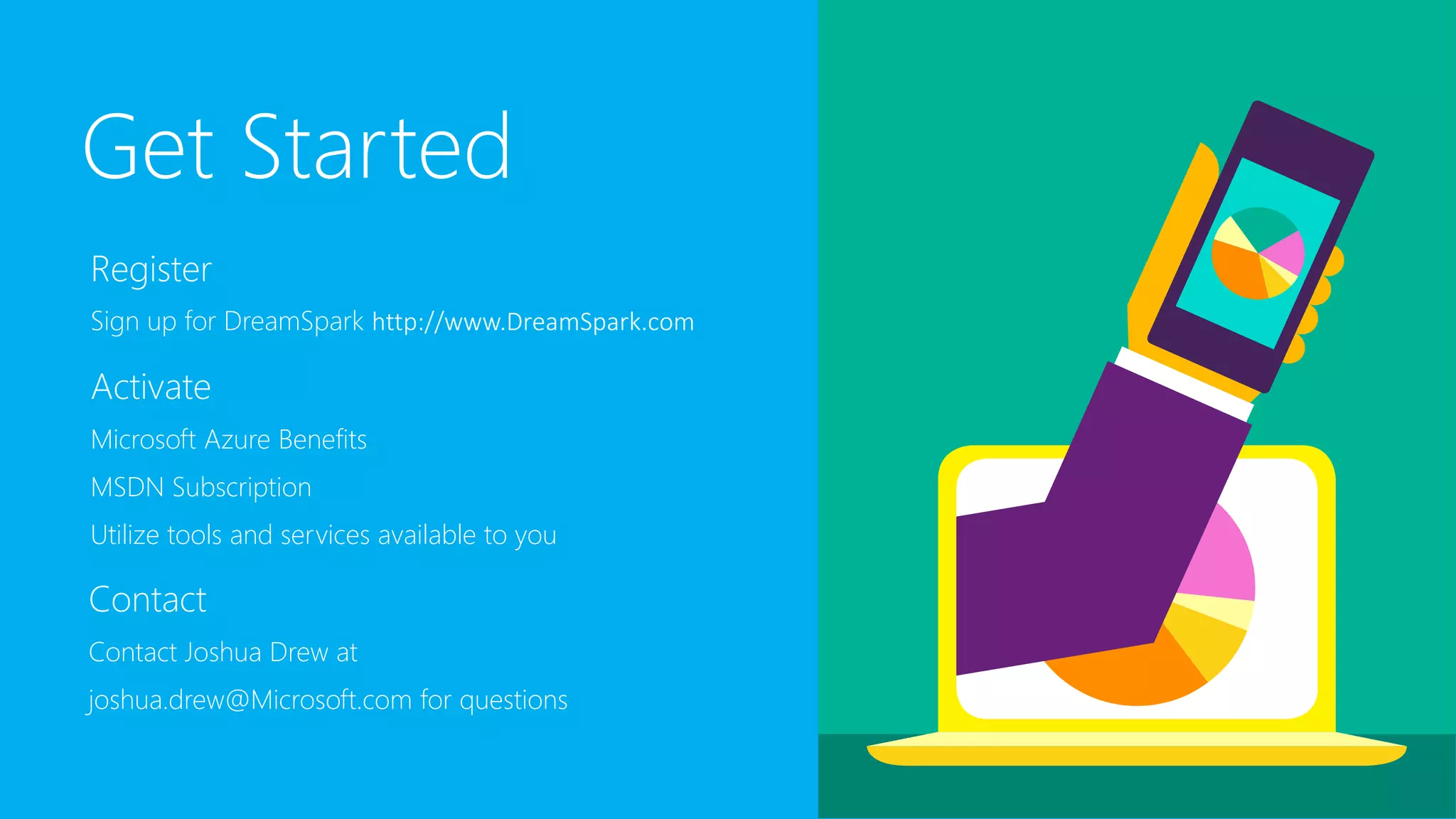 Get Started
Register
Sign up for DreamSpark http://www.DreamSpark.com
Activate
Microsoft Azure Benefits
MSDN Subscription
Utilize tools and services available to you
Contact
Contact Joshua Drew at
joshua.drew@Microsoft.com for questions
 