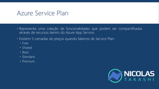 Azure Service Plan
 Representa uma coleção de funcionalidades que podem ser compartilhadas
através de recursos dentro do Azure App Service.
 Existem 5 camadas de preços quando falamos de Service Plan:
 Free
 Shared
 Basic
 Standard
 Premium
 