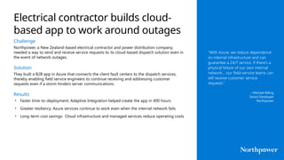 Challenge
Northpower, a New Zealand-based electrical contractor and power distribution company,
needed a way to send and receive service requests to its cloud-based dispatch solution even in
the event of network outages.
Solution
They built a B2B app in Azure that connects the client fault centers to the dispatch services,
thereby enabling field service engineers to continue receiving and addressing customer
requests even if a storm hinders server communications.
Results
• Faster time-to-deployment: Adaptive Integration helped create the app in 400 hours
• Greater resiliency: Azure services continue to work even when the internal network fails
• Long-term cost savings: Cloud infrastructure and managed services reduce operating costs
“With Azure, we reduce dependence
on internal infrastructure and can
guarantee a 24/7 service. If there’s a
physical failure of our own internal
network… our field-service teams can
still receive customer service
requests.”
—Michael Billing
Senior Developer
Northpower
Electrical contractor builds cloud-
based app to work around outages
 