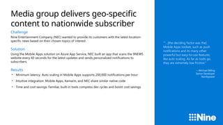 Challenge
Nine Entertainment Company (NEC) wanted to provide its customers with the latest location-
specific news based on their chosen topics of interest.
Solution
Using the Mobile Apps solution on Azure App Service, NEC built an app that scans the 9NEWS
website every 60 seconds for the latest updates and sends personalized notifications to
subscribers.
Results
• Minimum latency: Auto scaling in Mobile Apps supports 200,000 notifications per hour
• Intuitive integration: Mobile Apps, Xamarin, and NEC share similar native code
• Time and cost savings: Familiar, built-in tools compress dev cycles and boost cost savings
““…[the deciding factor was the]
Mobile Apps toolset, such as push
notifications and its many other
powerful but easy-to-use features,
like auto scaling. As far as tools go,
they are extremely low friction.”
—Michael Billing
Senior Developer
Northpower
Media group delivers geo-specific
content to nationwide subscriber
 