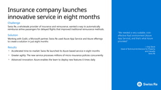 Challenge
Swiss Re, a wholesale provider of insurance and reinsurance, wanted a way to automatically
reimburse airline passengers for delayed flights that improved traditional reinsurance methods.
Solution
Working with Codit, a Microsoft partner, Swiss Re used Azure App Service and Azure offerings
to create a solution in just eight months
Results
• Accelerated time-to-market: Swiss Re launched its Azure-based service in eight months
• Greater agility: The new service processes millions of micro-insurance policies concurrently
• Advanced innovation: Azure enables the team to deploy new features 6 times daily
“We needed a very scalable, cost-
effective PaaS environment [Azure
App Service], and that’s what Azure
provided.”
—Jürg Staub
Head of Technical Architecture for Property
and Casualty
Swiss Re
Insurance company launches
innovative service in eight months
 