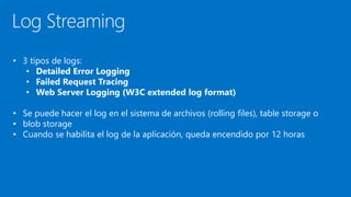 • 3 tipos de logs:
• Detailed Error Logging
• Failed Request Tracing
• Web Server Logging (W3C extended log format)
• Se puede hacer el log en el sistema de archivos (rolling files), table storage o
• blob storage
• Cuando se habilita el log de la aplicación, queda encendido por 12 horas
Log Streaming
 