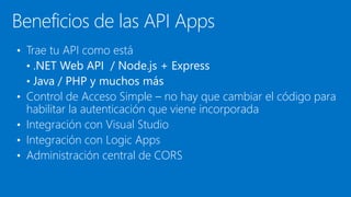 Beneficios de las API Apps
• Trae tu API como está
• .NET Web API / Node.js + Express
• Java / PHP y muchos más
• Control de Acceso Simple – no hay que cambiar el código para
habilitar la autenticación que viene incorporada
• Integración con Visual Studio
• Integración con Logic Apps
• Administración central de CORS
 