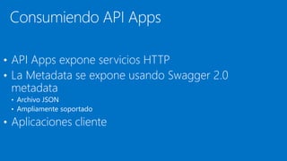 Consumiendo API Apps
• API Apps expone servicios HTTP
• La Metadata se expone usando Swagger 2.0
metadata
• Archivo JSON
• Ampliamente soportado
• Aplicaciones cliente
 