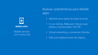 Nuevas características para Mobile
apps:
• WebJobs para tareas de larga duración
• CI con GitHub, BitBucket, VSAuto-load
balance, Autoescalado, Geo DR
• Virtual networking y conexiones híbridas
• Slots para deploymentes de staging
Mobile services
con mucho más
MOBILE APPS
 