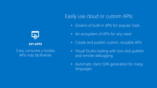 Easily use cloud or custom APIs:
• Dozens of built-in APIs for popular SaaS
• An ecosystem of APIs for any need
• Create and publish custom, reusable APIs
• Visual Studio tooling with one click publish
and remote debugging
• Automatic client SDK generation for many
languages
Crea, consume y hostea
APIs más fácilmente
API APPS
 
