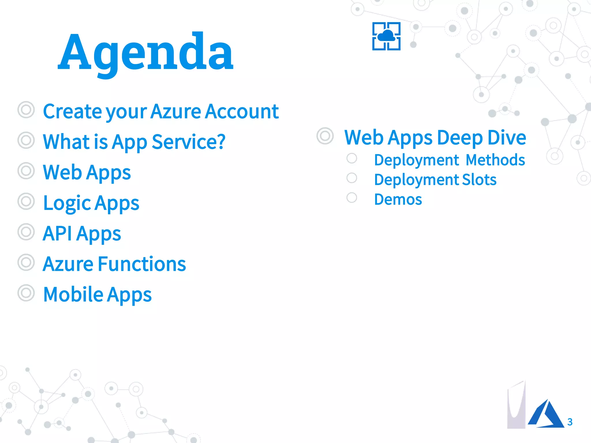 Agenda
3
◎ Create your Azure Account
◎ What is App Service?
◎ Web Apps
◎ Logic Apps
◎ API Apps
◎ Azure Functions
◎ Mobile Apps
◎ Web Apps Deep Dive
○ Deployment Methods
○ Deployment Slots
○ Demos
 
